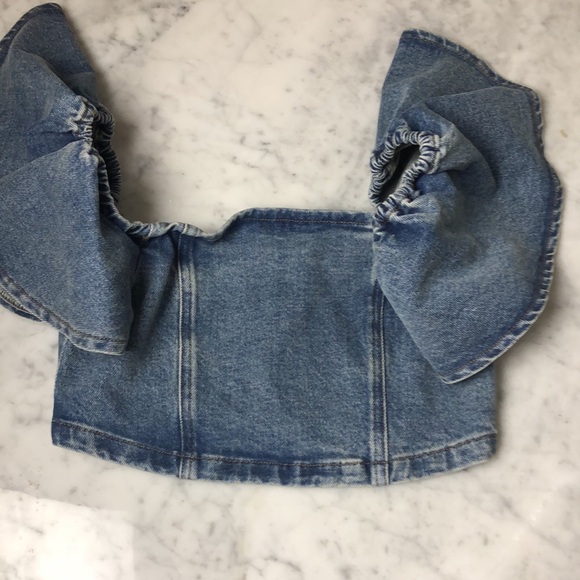 HEVRON Denim crop ruffle top Size 2 - Picture 2 of 10